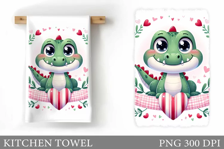 Cute Crocodile Kitchen Towel. Valentines Kitchen Towel
