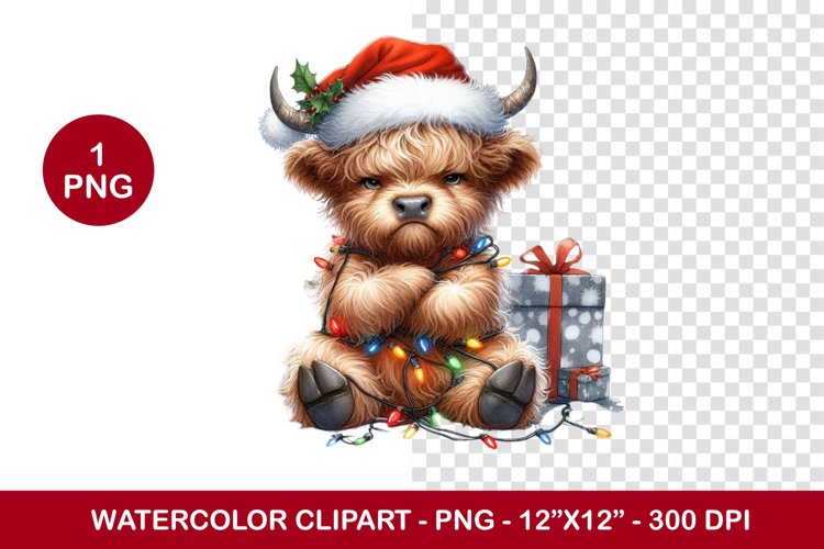 png watercolor clipart - grumpy highland cow example image 1