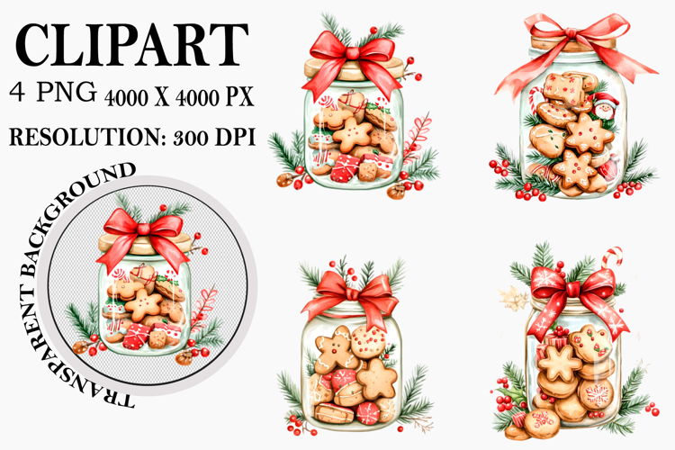 Christmas Cookies in Jar Clipart Watercolor PNG