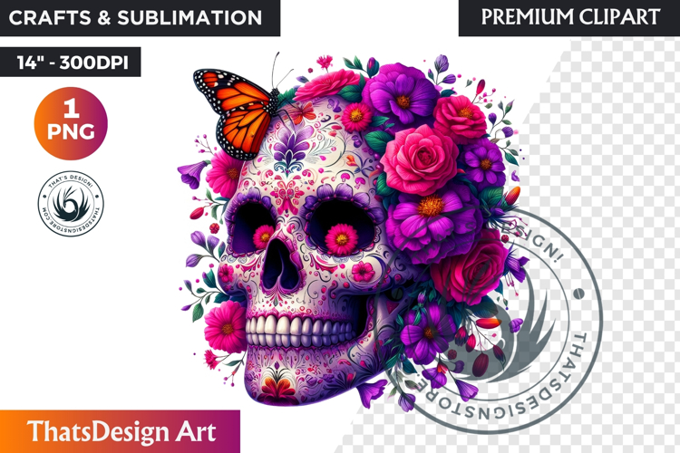Floral Sugar Skull Day of the Dead Clipart, dia de muertos