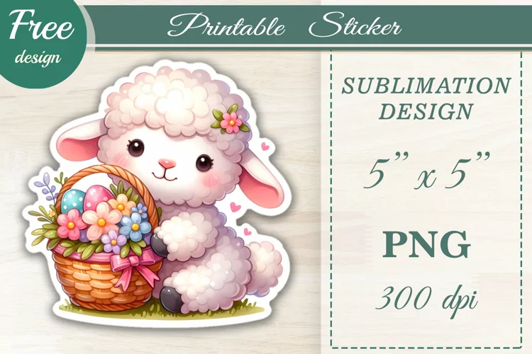 Cute Lamb with Easter Basket, Printable Sticker, Sublimation