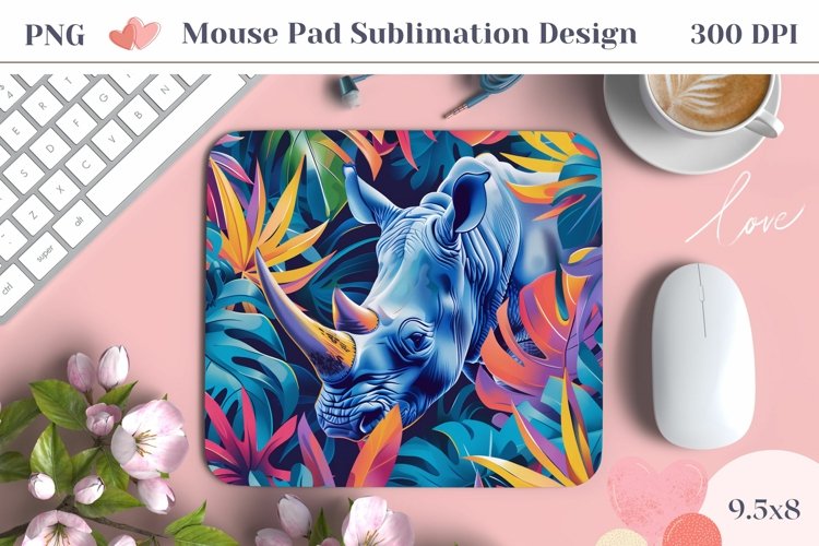 Rhinoceros Mouse Pad Design, Tropical Leaves Mouse Pad Wrap