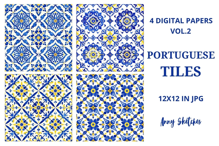 4 Portuguese Tiles Azulejos Seamless Pattern Digital Papers