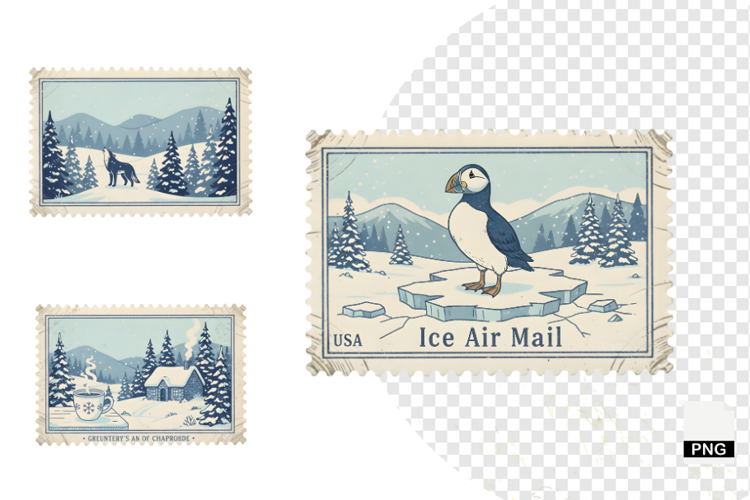 Vintage Winter Postage Stamps Clipart