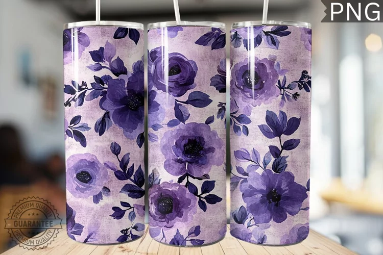 Purple Floral Tumbler Wrap - High Quality 300 Dpi