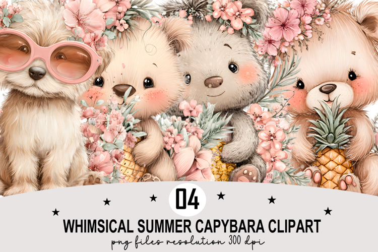 Whimsical Summer Capybara Clipart Watercolor PNG