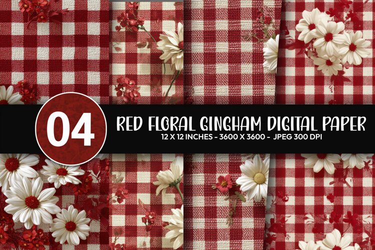 Red Floral Gingham Digital Paper example image 1