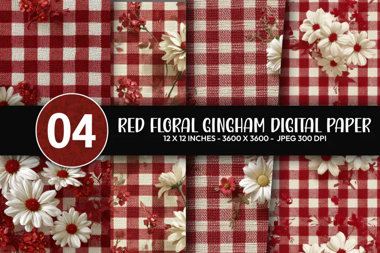 Red Floral Gingham Digital Paper