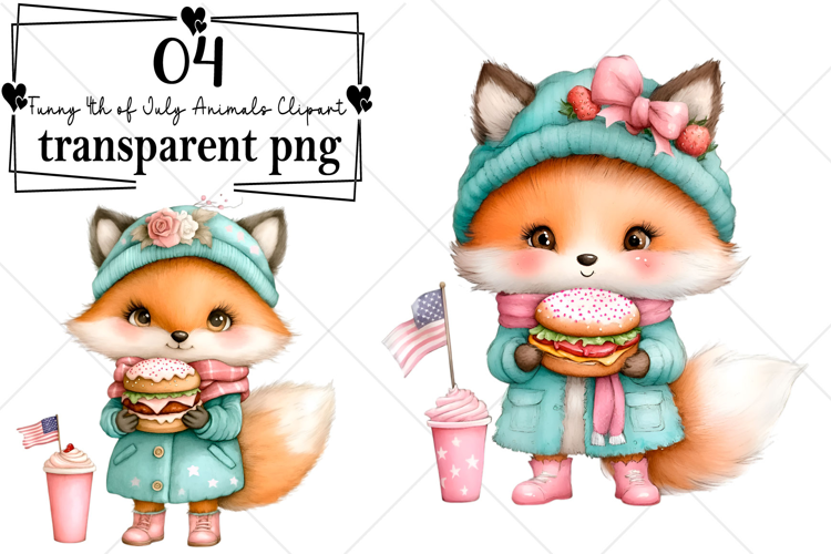 Funny 4th of July Animals Clipart Watercolor PNG