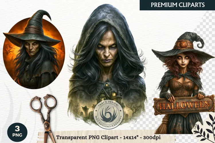 Dark Fantasy Halloween Witches Clipart PNG sublimation