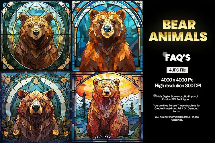 Bear Stained Glass Square Coaster - 04 Variations