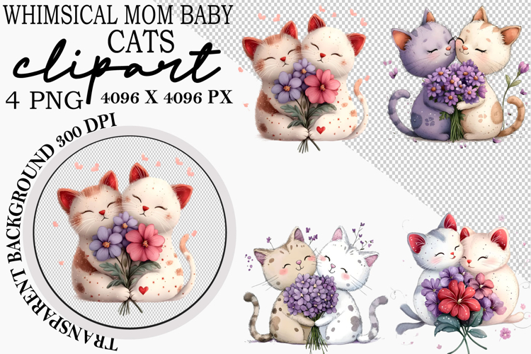 Whimsical Mom Baby Cats Clipart Watercolor Mom Baby Cats