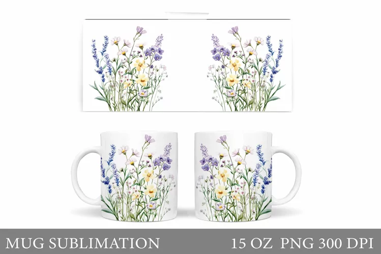 Wildflowers Mug Sublimation. Flowers Mug Wrap Design