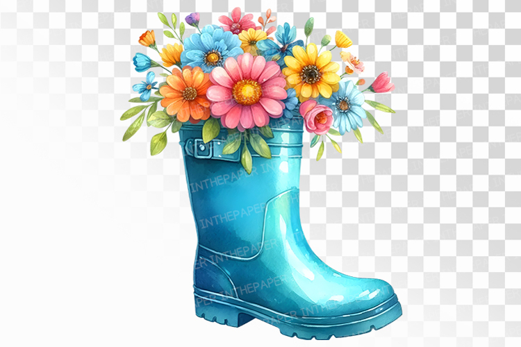 Watercolor Blue Rubber Boot with Flower Arrangement PNG Cute