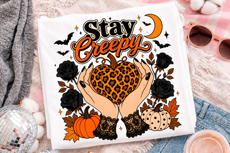 Stay Creepy Halloween Hands Holding Leopard Pumpkin