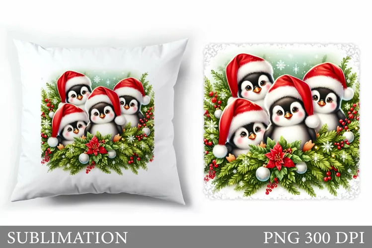 Cute Penguin Pillow Design. Christmas Pillow Sublimation