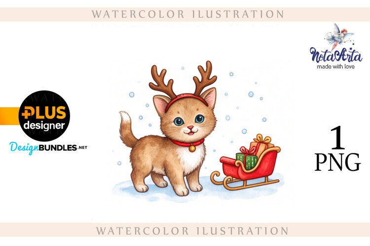 Christmas Kitten in Watercolor Style example image 1