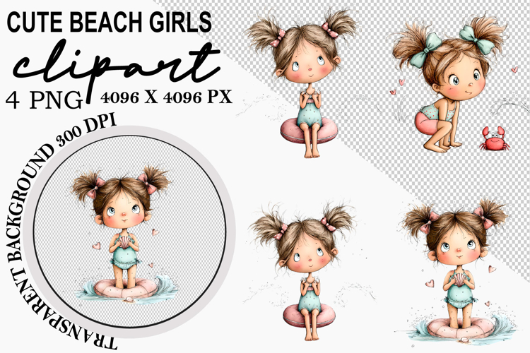 Cute Beach Girls Clipart Watercolor PNG