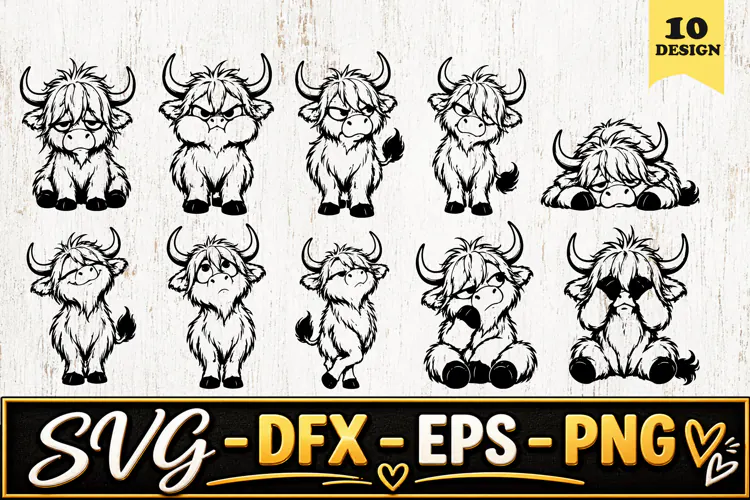 Grumpy Highland Cow Expressions SVG PNG