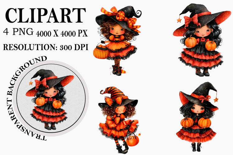 Whimsical Halloween Girl Clipart Watercolor PNG