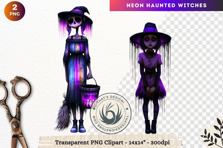 Neon Haunted Witches Clipart, Spooky Kawaii Halloween PNG