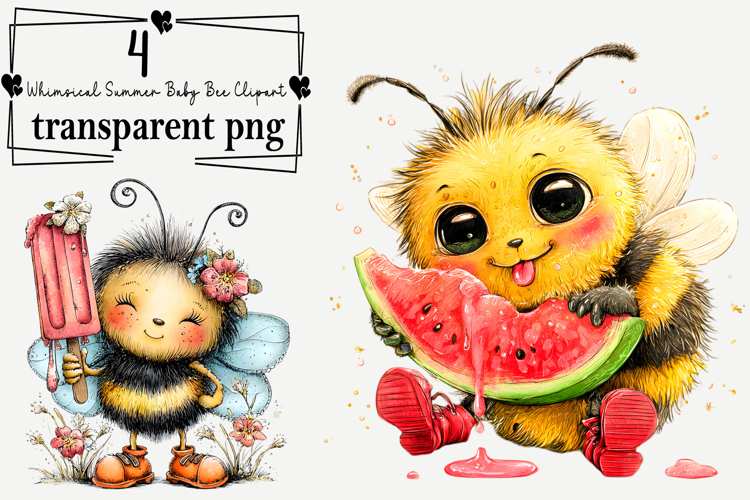 Whimsical Summer Baby Bee Clipart Watercolor PNG example image 1