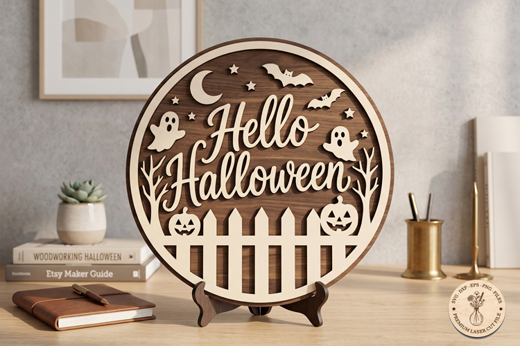 Hello Halloween Sign SVG, Ghost Pumpkin Door Hanger, Picket