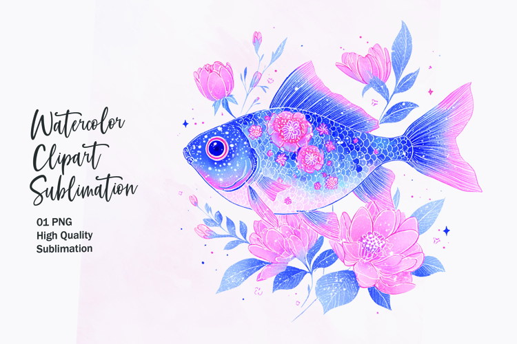 Blue Fish with Flower Crown Watercolor Clipart Sublimation