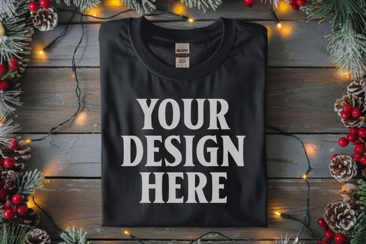 Gildan 64000 Black Folded Christmas Flat Lay T-shirt Mockup