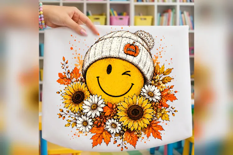 Fall Smiley Face PNG, Cozy Autumn Beanie PNG, Sunflower