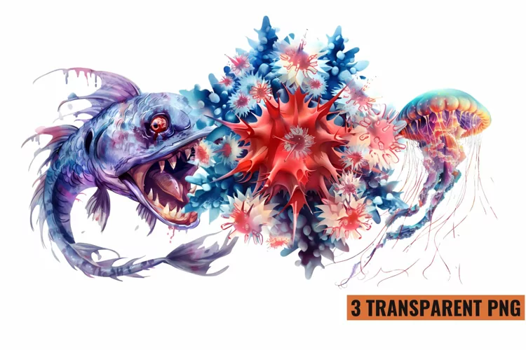 Watercolor Sea Animals Clipart , PNG