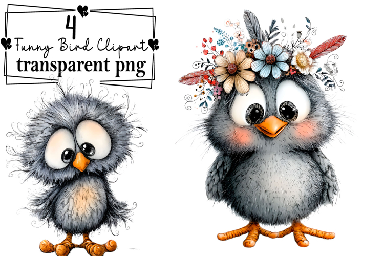 Whimsical Funny Bird Clipart Watercolor PNG example image 1
