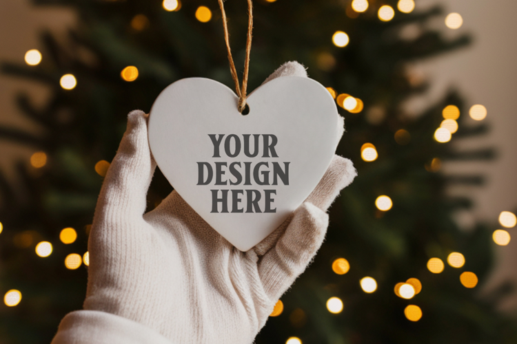 Romantic Christmas Ceramic Heart Ornament Mockup | Holiday