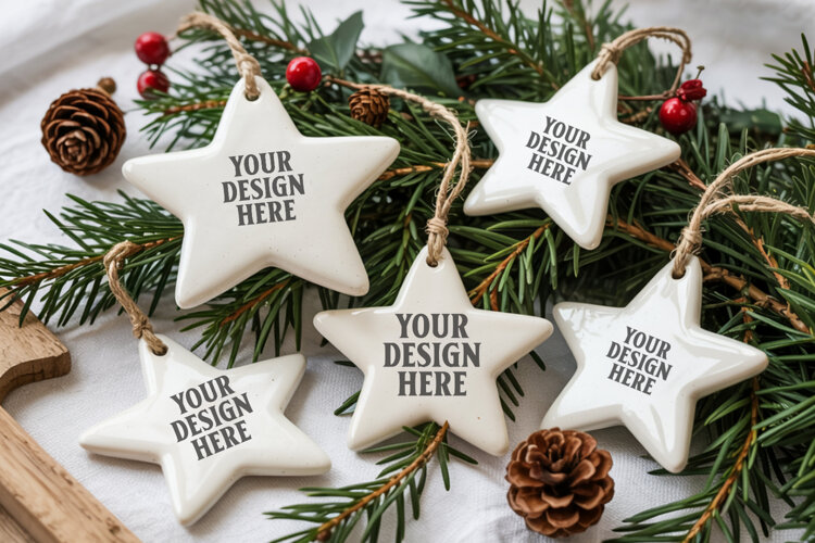 Christmas Star Ceramic Ornament Mockup | Cozy Boho Holiday D example image 1