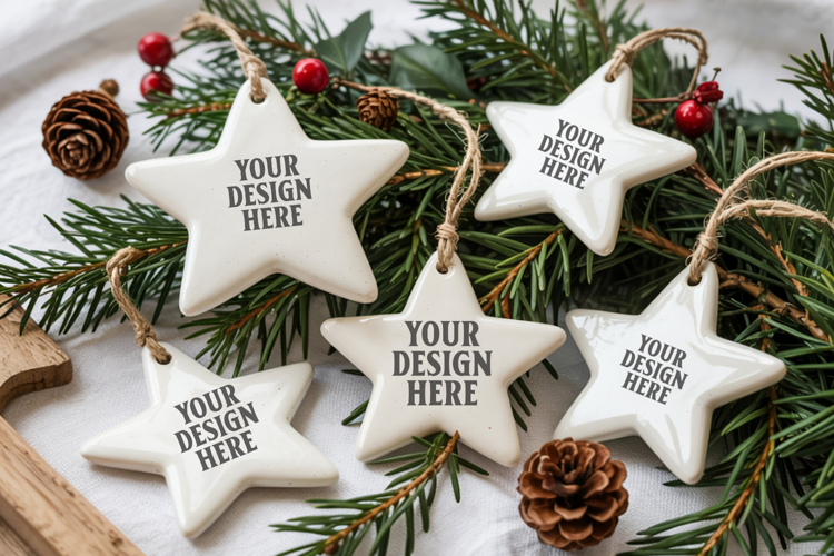 Christmas Star Ceramic Ornament Mockup | Cozy Boho Holiday D