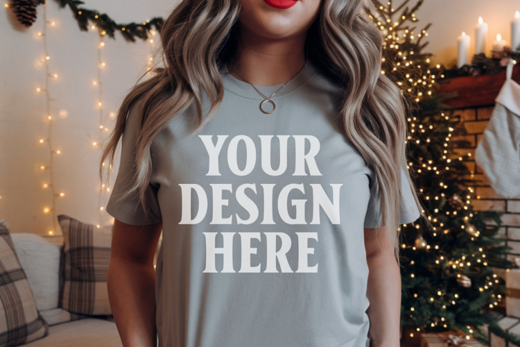 Comfort Colors 1717 Grey Christmas T-Shirt Mockup, Boho