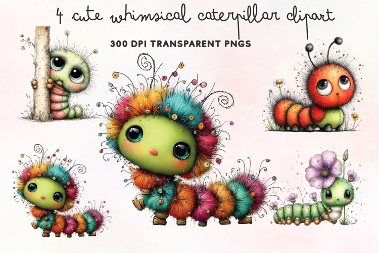 Cute Whimsical Caterpillar Clipart PNG example image 1