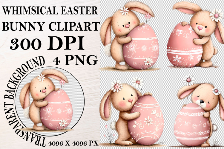 Whimsical Bunny Easter Clipart, Watercolor Easter Bunny PNG