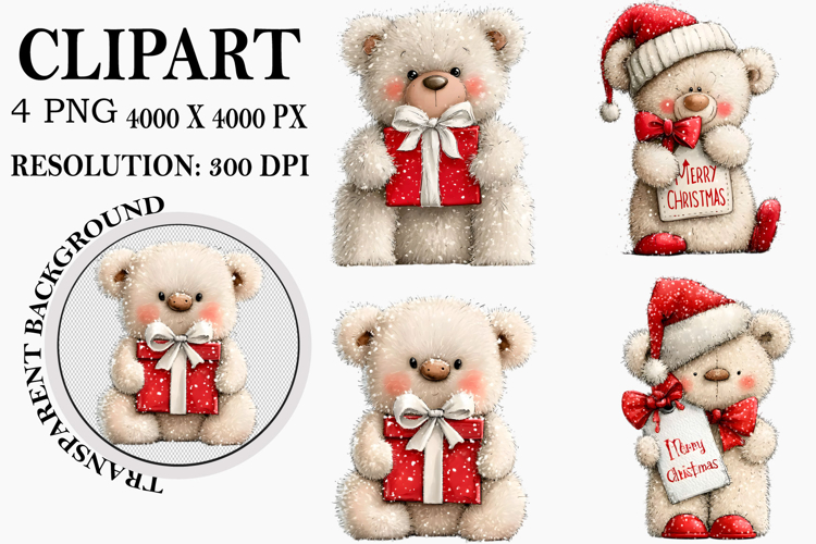 Whimsical Christmas Teddy Bear Clipart Watercolor PNG