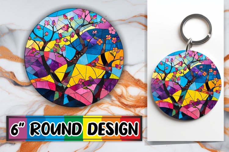 Colorful Stained Glass Keychain Tree Round Design Sublimatio example image 1