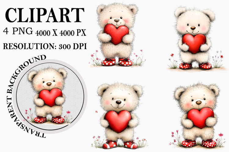 Whimsical Valentine Teddy Bear Clipart Watercolor PNG