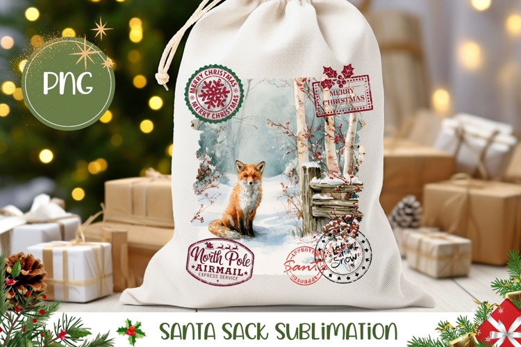 Watercolor Christmas Fox Santa Sack PNG