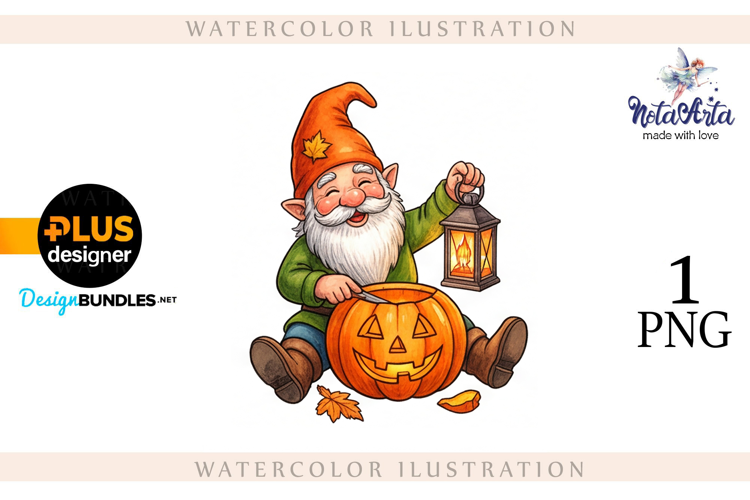 Gnomes with Pumpkin Harvest in Watercolor Style