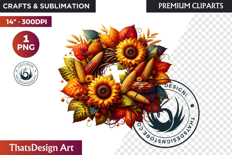 Sunflower Autumn Wreath - Rustic Farmhouse Harvest PNG