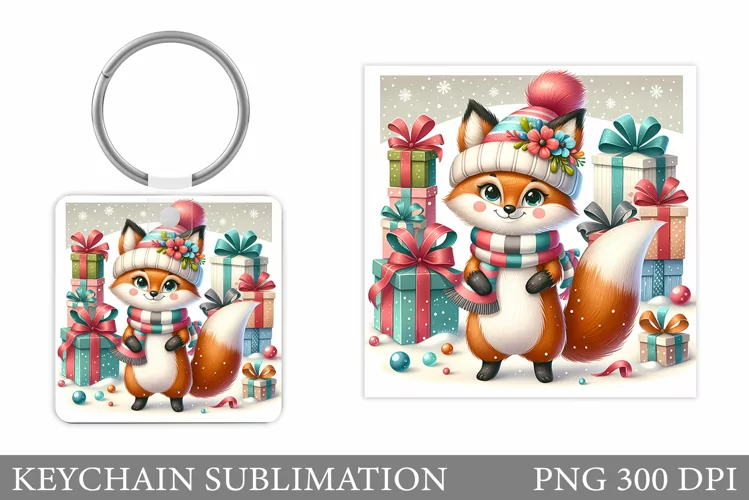 Christmas Fox Keychain. Christmas Keychain Sublimation