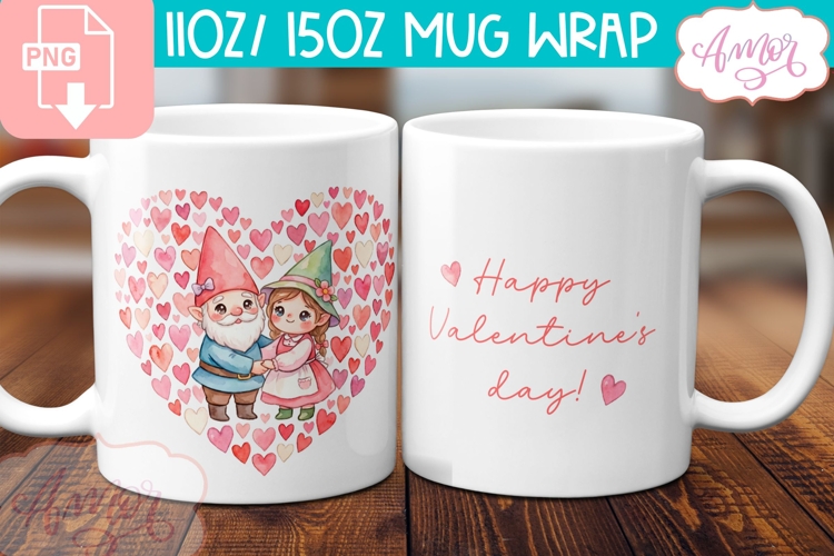 Happy Valentines day mug wrap, Cute gnomes mug PNG