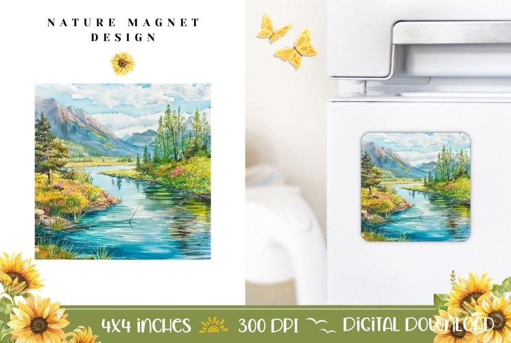 Nature Fridge Magnet Print, Mountain Lake Magnet Design