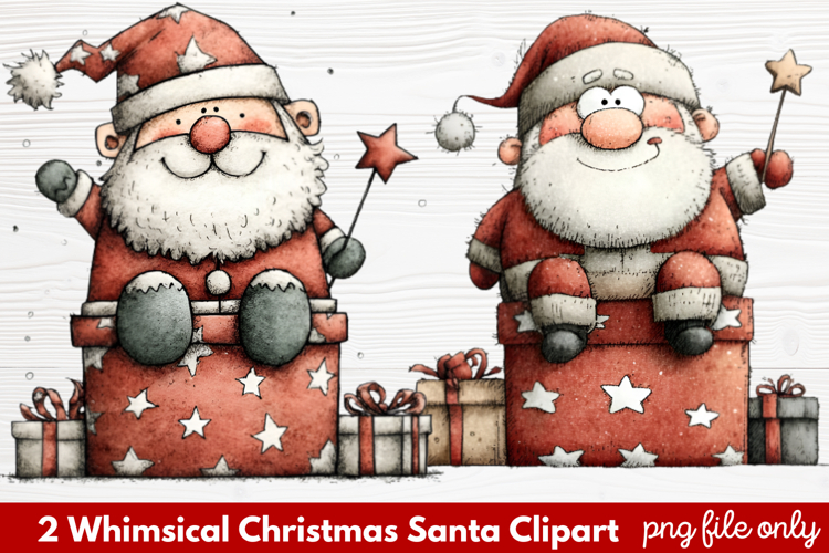 2 Whimsical Christmas Santa Clipart | Cute Santa PNG