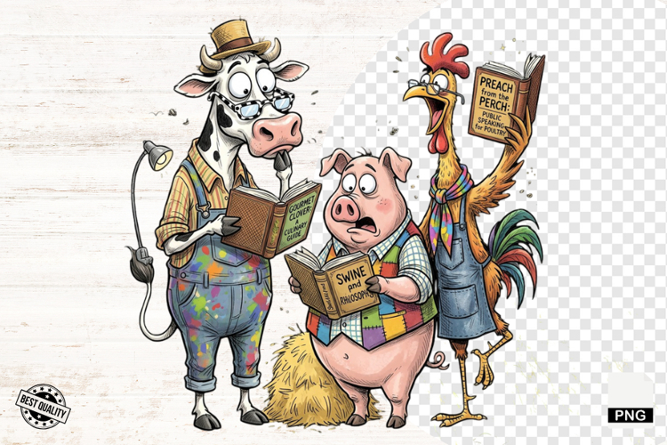 Whimsical Farm Animals Love Reading - Animals Clipart