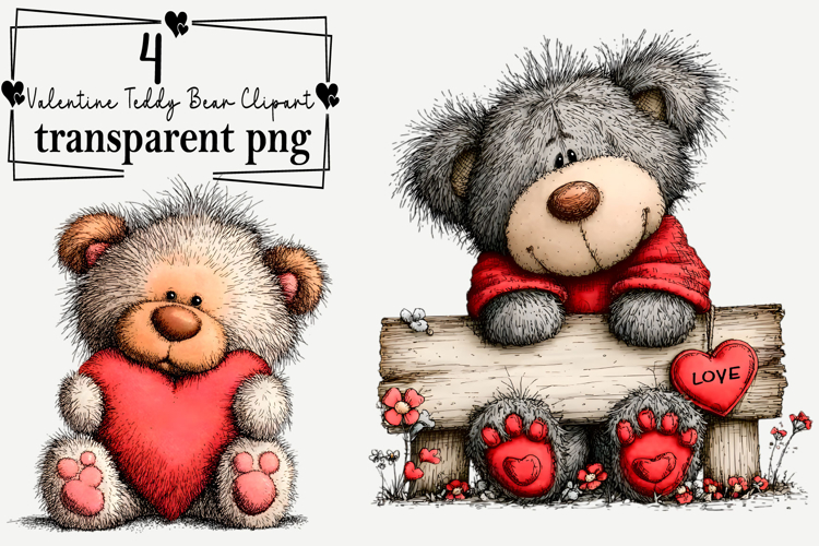 Whimsical Valentine Teddy Bear Clipart Watercolor PNG example image 1